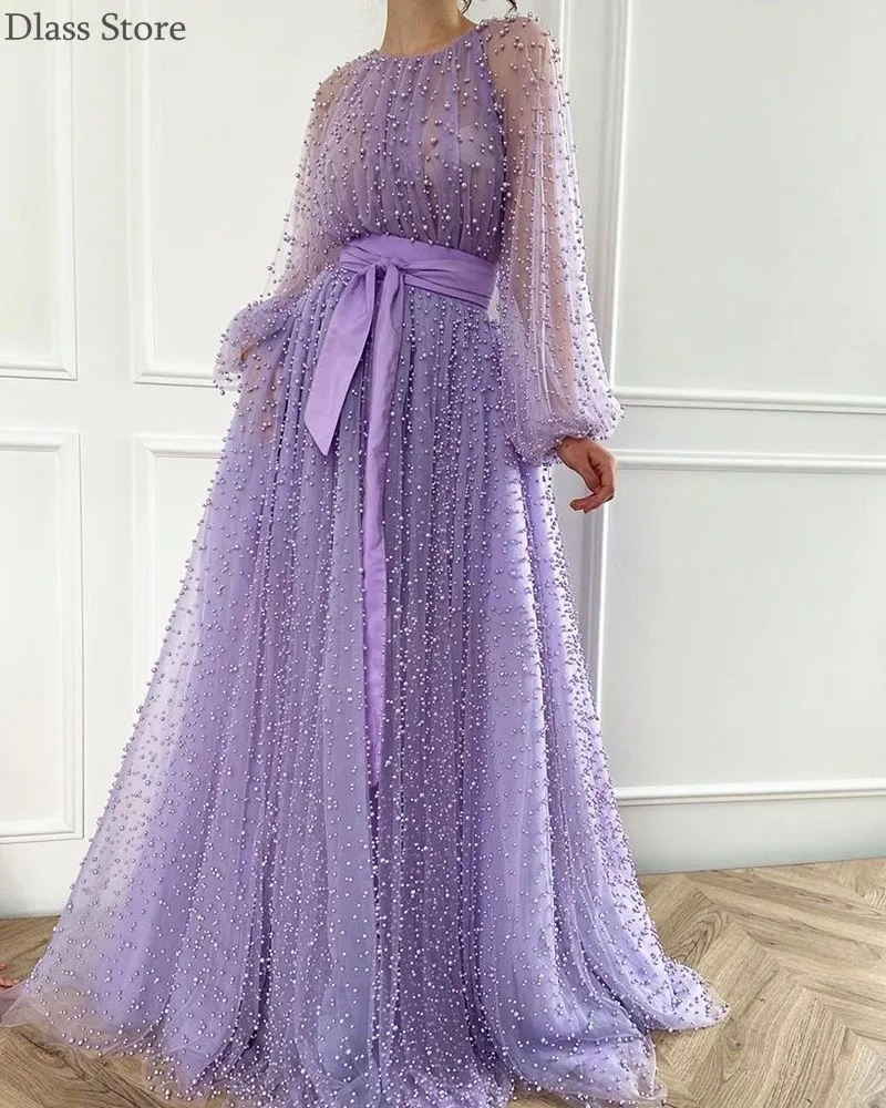 

Lavender Purple Evening Dress A-line Beads New Style Puff Sleeves Illusion Tulle Simple Prom Dress vestidos largos formales