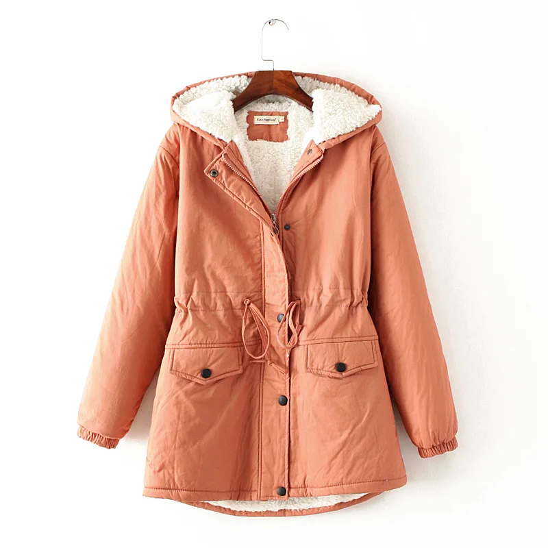 

2018 Autumn And Winter New Style Berber Fleece Cotton-padded Clothes Waist Hugging Thick Hooded Cotton Mid-length WOMEN'S Coat T