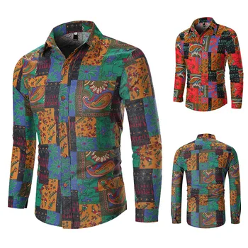 

New men's plus-size patchwork slim long sleeve print shirt European size thin casual floral shirt High cost performance clothes