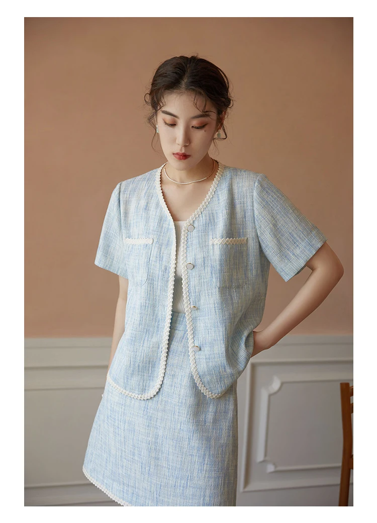 plus size loungewear sets DUSHU Office Lady Fashion Suit Female 2021 Summer New Foreign Style Round Neck Blue Skirt Two-piece Suit For Women matching top and trousers set