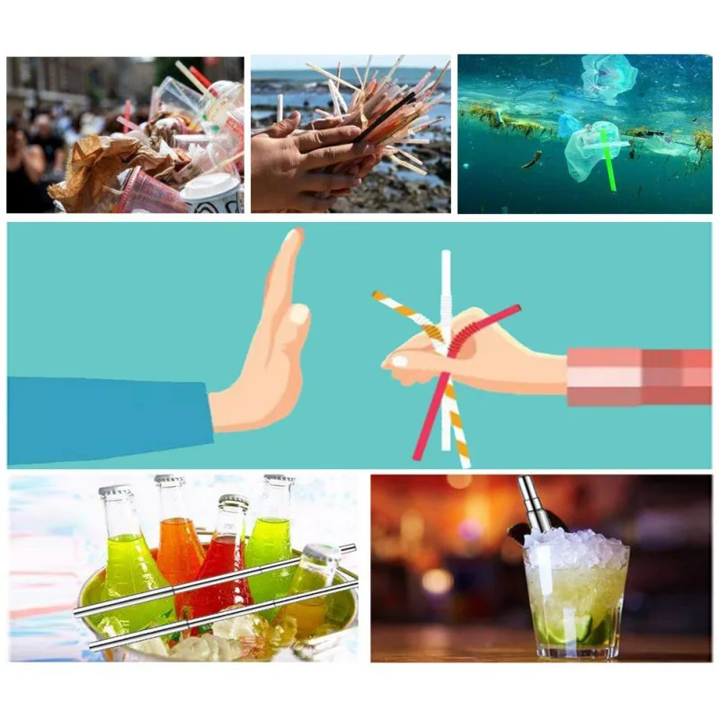 Reusable Metal Drinking Straws Stainless Steel Sturdy Bent Straight Drinks Straw With Keychain Storage Case And Cleaning Brush