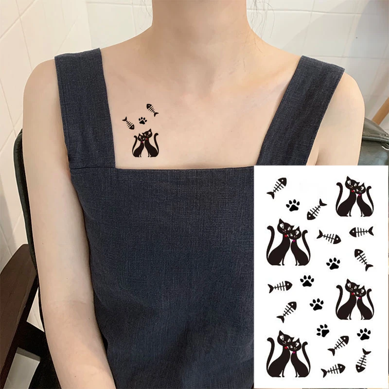 Waterproof TemporaryTatoo Sticker Couple Black Cats Paw Print Fish BonesArt Tattoo WaterTransfer Fake Flash for Women|Temporary Tattoos| - AliExpress