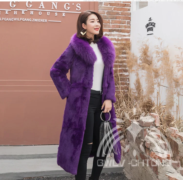 New genuine real natural rabbit fur coat with fox fur collar women fashion long jacket with belt ladies warm outwear overcoat