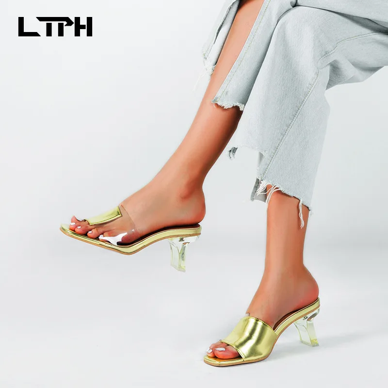 

LPTH high-heeled sandals ladies 2020 summer new translucent color-matched crystal shaped heel sandals plus size women's shoes