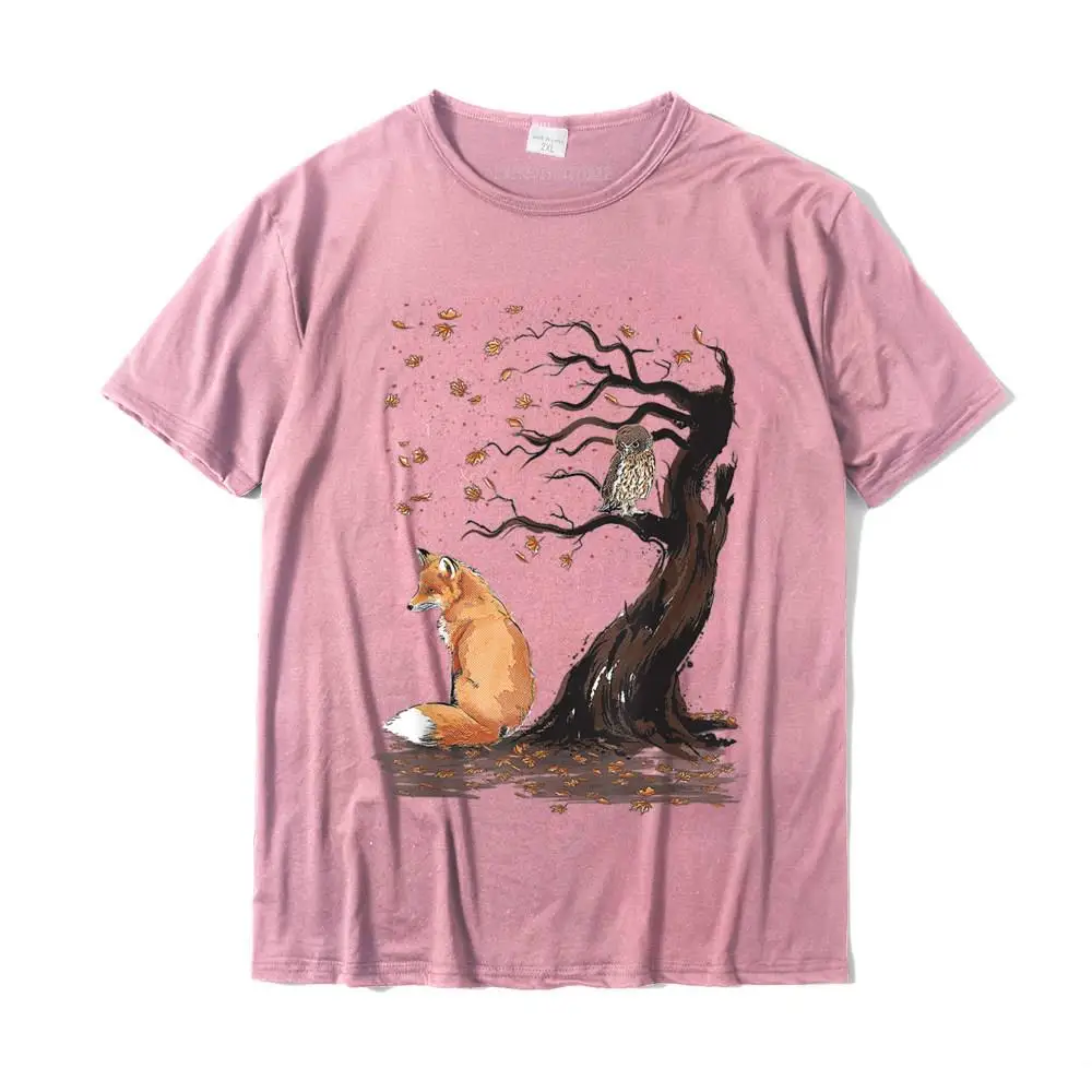 Group Casual T Shirt for Men Prevalent Summer Autumn O-Neck Pure Cotton Short Sleeve Top T-shirts Custom Tee-Shirts Fox and Owl on the Tree Animal Lover Cute autumn leaves T-Shirt__MZ15938 pink