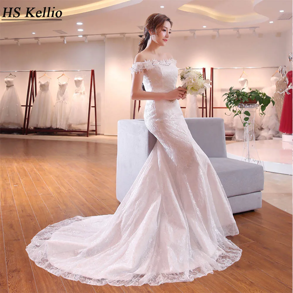 HS Kellio Lace Mermaid Wedding Dress Off Shoulder Bridal Dresses With Court Train Flowers Trimming | Свадьбы и торжества