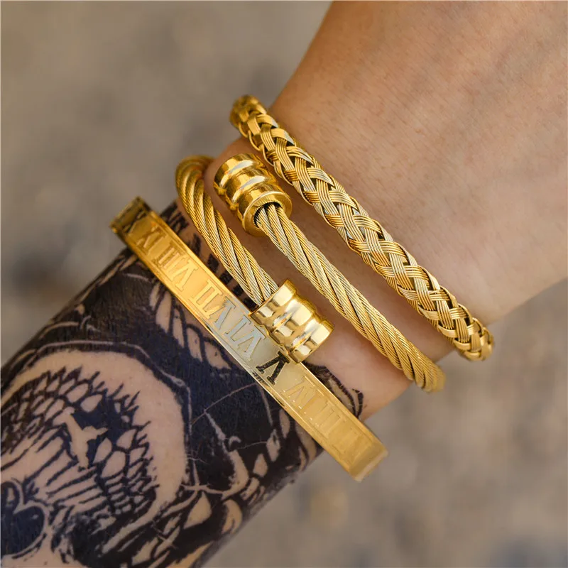 3Pcs/Set Gold Silver Color stainless steel Braided bracelet, Roman numeral dark punk heavy metal bracelet For Men Women Gift bracelet jewelry