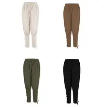 Мужские Винтажные средневековые штаны до щиколотки в стиле ренессанса, Пиратский Костюм викинга для костюмированной вечеринки, зауженные брюки навигатора на шнуровке