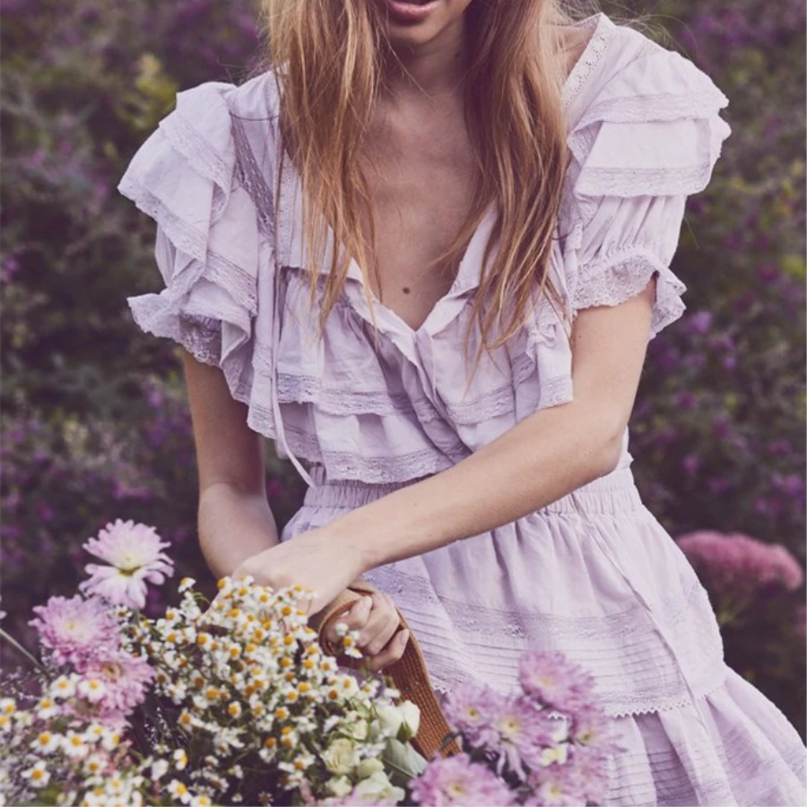 

Fall 2019 Cascading Ruffles Mini O-Neck Party Dress Tied Collar Purple Cake Sweet Romantic Lace Bandage Unique Women Dress