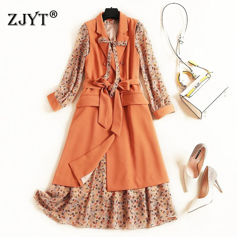 

Autumn Lady Elegant Dress 2019 New Designer Fashion Women's Long Sleeve Print Chiffon Dress and Notched Vest Dress 2piece set