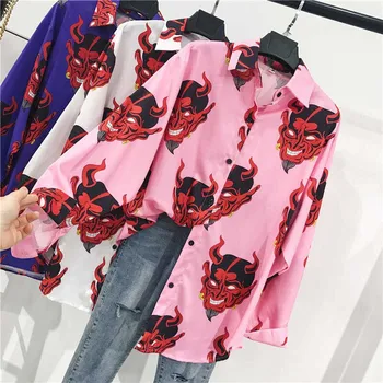 

Women blouse Clothes spring long-sleeve Turn-down single breasted loose Blouses Korea harajuku cartoon new ulzzang BF Shirts