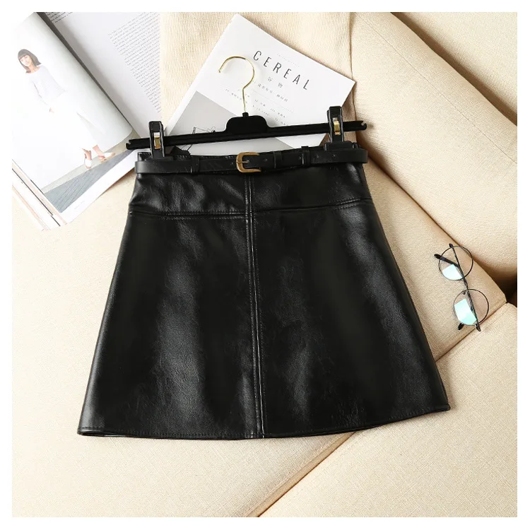 PU Leather Autumn Winter New Women Skirt High Waist Solid Sashes Mini Skirt A-Line Korean Above Knee Skirt