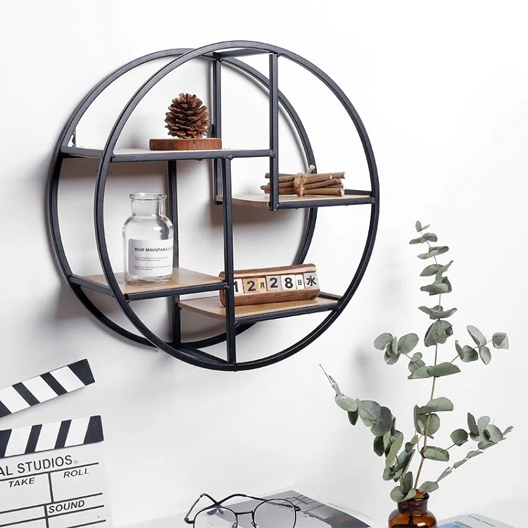 Retro Round Wooden Wall Hanging Shelf Office Sundries Storage Rack Home Wooden Decorative Storage Holder Racks
