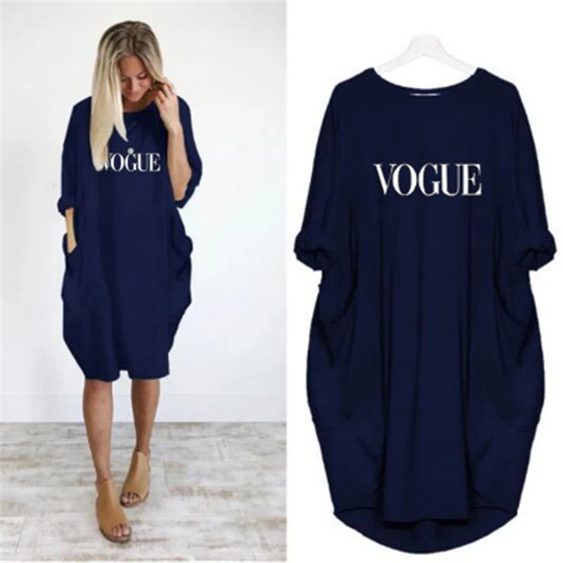 

2019 Dress Girls Letters Print VOGUE Pocket Dress Vintage Summer Fall Maxi Clothes Woman Dresses Party Women Dresses Plus Size