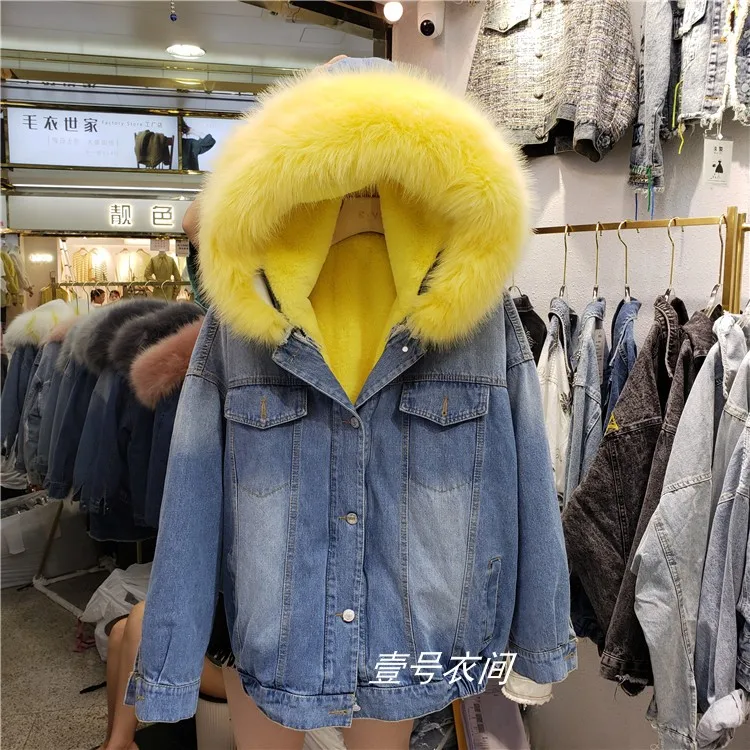 

Winter Fur Coat Womens Parka Denim Jacket Hooded High Quality Faux Fur Collar Warm Cotton Coats Short Jacket Femme Windbreaker