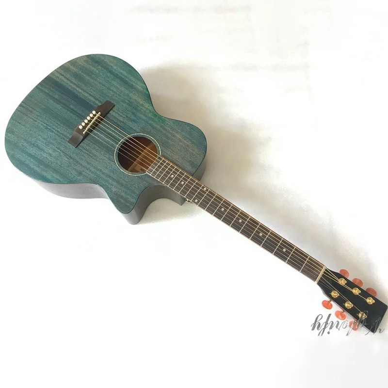 only guitar no EQ Ручная полировка 40 дюймов винтажная синяя акустическая гитара с высоким блеском 6 струн 20 ладов cutway дизайн народная гитара чехол - Цвет: only guitar no EQ