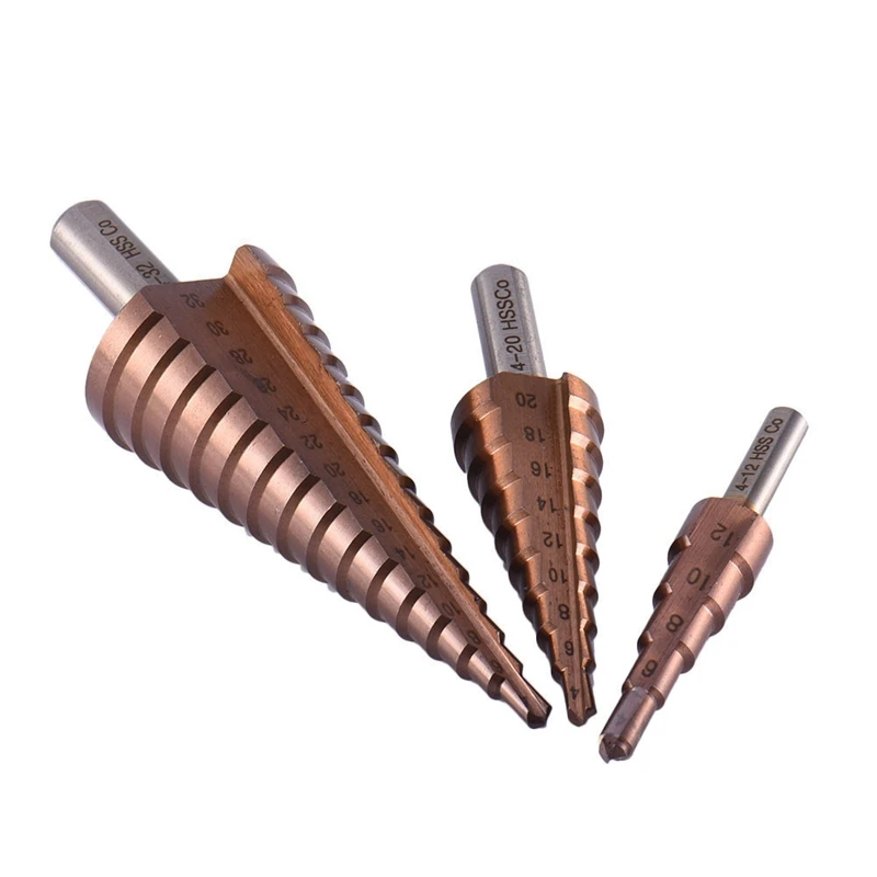 

3Pcs Hss Co M35 hree Corners Handle 4-12 / 4-20 / 4-32Mm Straight Groove Broca Metal Step Cone Drill Stainless Steel Hole Saw