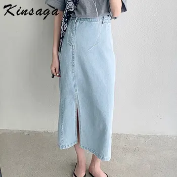 

Vintage Side Split High Waist Mid Long Denim Skirts Women Summer Office Lady Light Blue Mid-calf A Line Skirt Mom Jeans Faldas