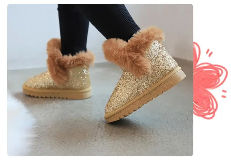 Модное платье с блестками и ботинки для девочек детская одежда из новой зимней сапоги "Принцесса" детская теплая Зимние ботинки с мехом кролика; ботинки-угги сапоги Размеры 27-36