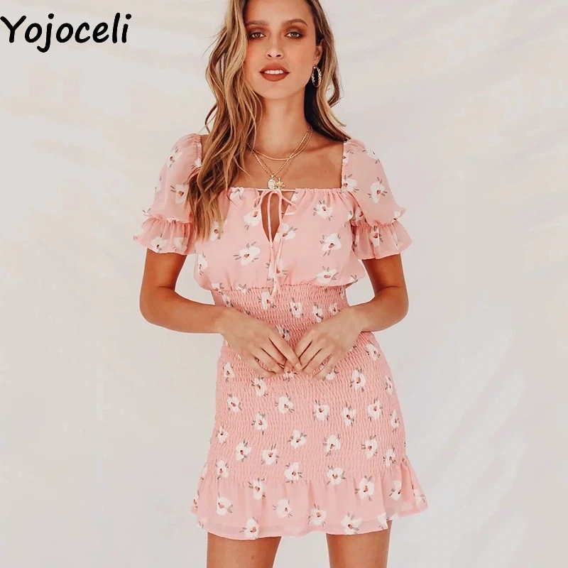 Женское Короткое платье Yojoceli облегающее пляжное с цветочным принтом и оборками