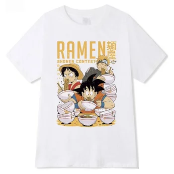 

Naruto Goku Luffy Ramen Sumi-E Printed Round Neck Cotton T-Shirts Cozy Tops Pullovers