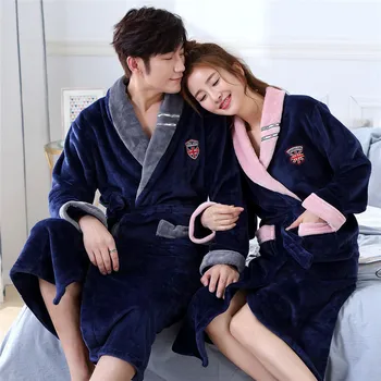 

Flannel V-neck Winter Robe Women&men Bathorobe With Belt Full Sleeve Warm Negligee Thicken Ultra Colar Fleece Home Dressing Gown