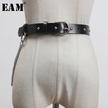 

[EAM] Pu Leather Black Chain Split Joint Long Wide Belt Personality Women New Fashion Tide All-match Spring 2020 1T678