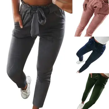

Hot Women Solid Ciolor Fahsion Pants High Waist Lady Solid Color Stripe Flouncing High Waist Slim Cropped Trousers