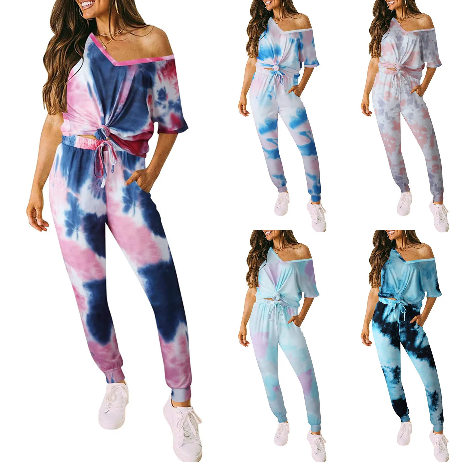 Summer Sportswear Women's Casual Positioning Tie-dye V-neck Short-sleeved Footwear Suit Fitness Workout Running Tracksuit#G30 1
