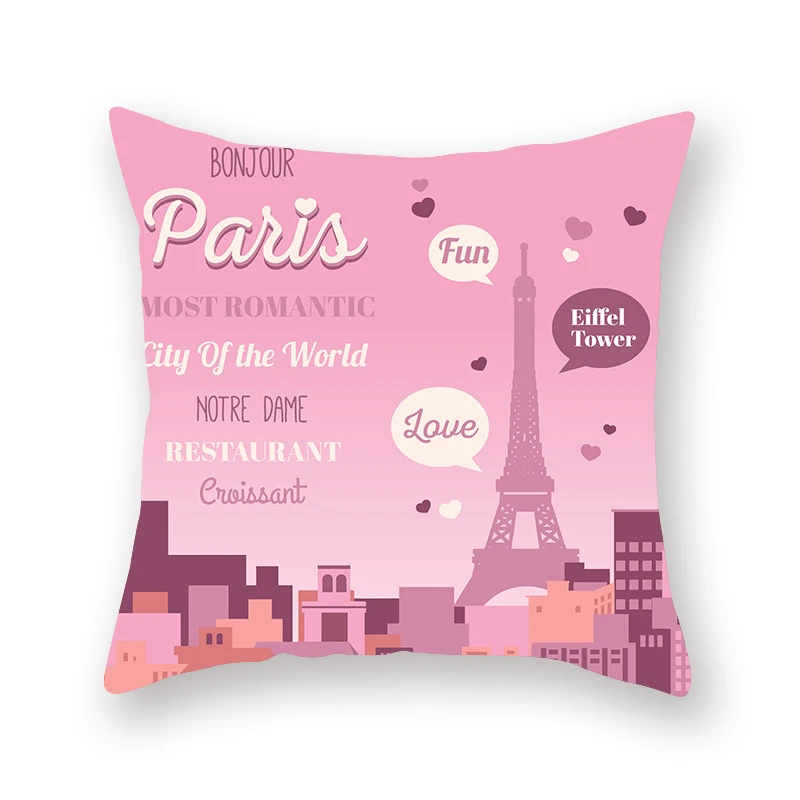 Pillow Cushion Cover Romantic Paris Eiffel Tower Pillow Cover Pink Blue Valentine Romance Cartoon Throw Pillow Cover Sofa Couch