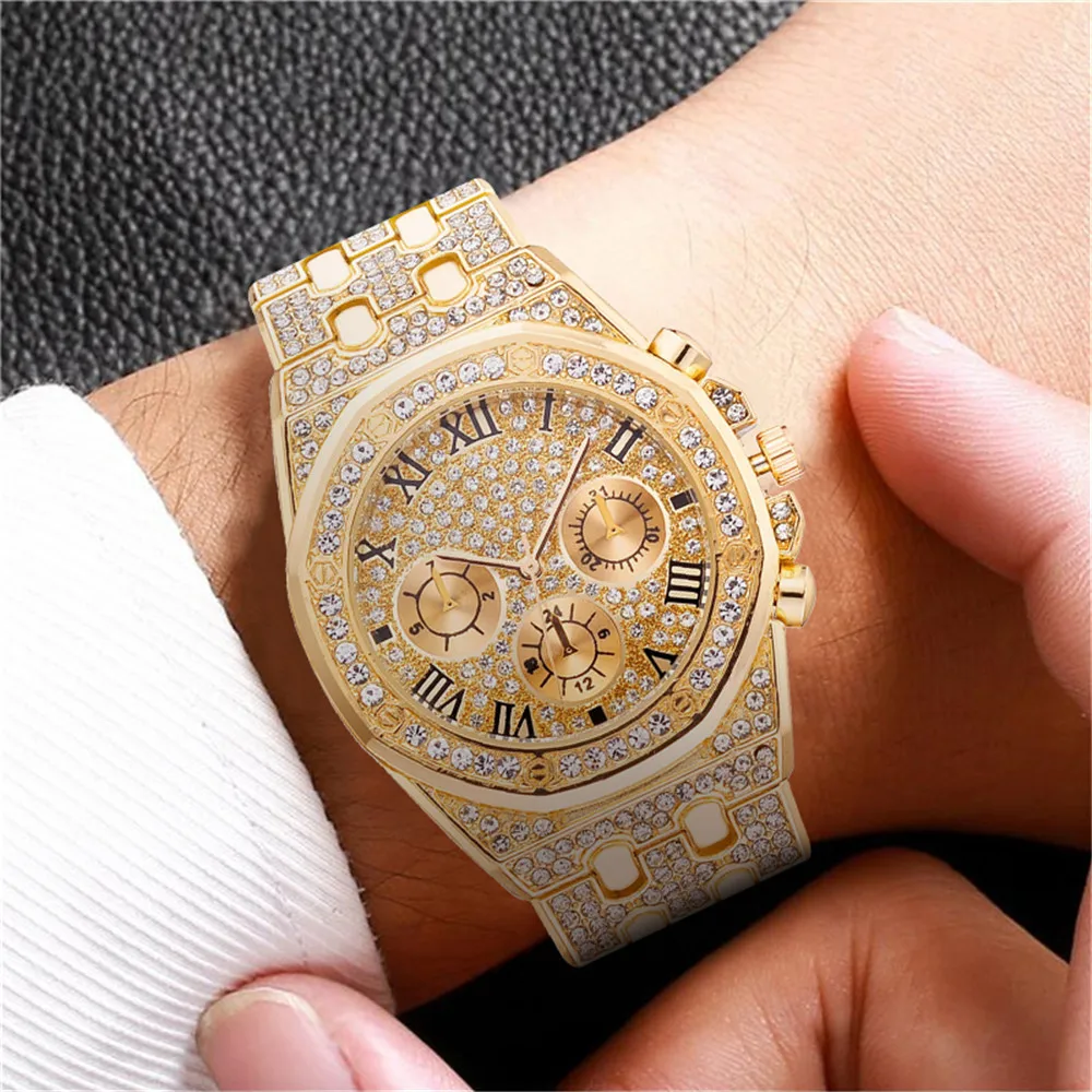 Men Iced Out Watches Luxury Full Diamond Gold Stainless Steel Quartz Wristwatches Clock Gift Relogio Masculino
