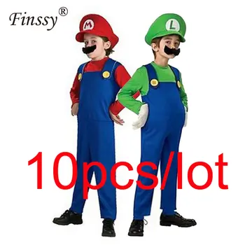 

10Pcs/lot Super Mario Luigi Brother Costume Girls Carnival Halloween Costumes for Kids Funny Cosplay Dress With Moustache