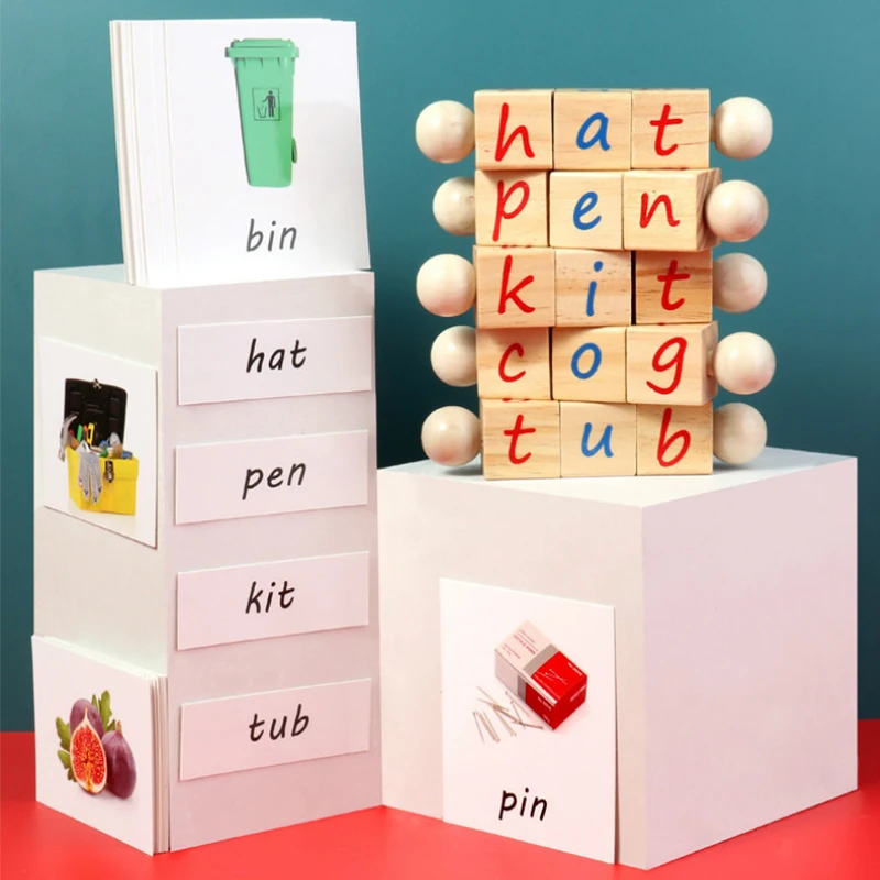 Phonics CVC word building block Game Alphabet Cube Puzzles Montessori Educational Wooden baby Letters Learning Toys 2-5 Years | Игрушки и