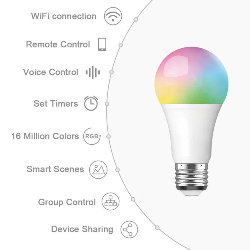 1 шт. WiFi умный светодиодный лампочка, лампа 7/9 Вт RGB RGBW E26/E27, разбудите теплую лампу, работающую с Alexa Google Home, рождественские огни