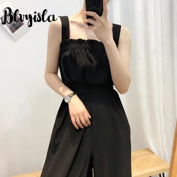 

Blvyisla Solid Playsuit Loose Strapless Bodysuits Female Summer Casual Romper Sashes Wide Leg Overalls Jumpsuits