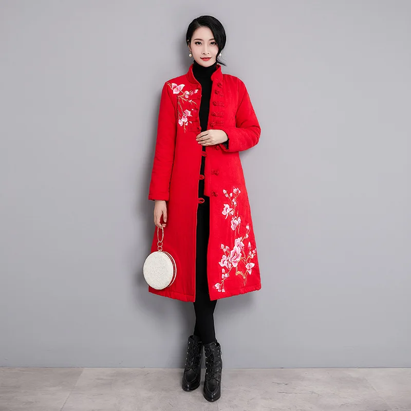 

2019 Winter New Style Ethnic-Style Large Size Cotton Linen Industrial Embroidery Cotton Coat Mid-length Chinese Costume Slimming