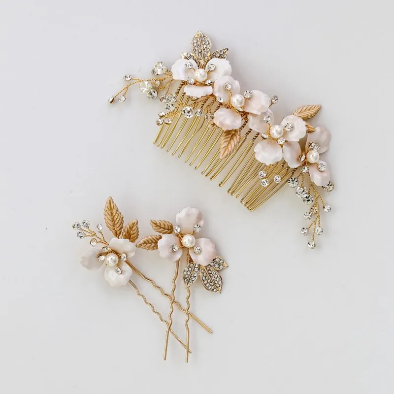 Vintage Inspired Wedding Hair Accessories Petite Gold Leaf Flower Pearl Hair Comb Prom Homecoming Hair Pin Headpiece Fascinator