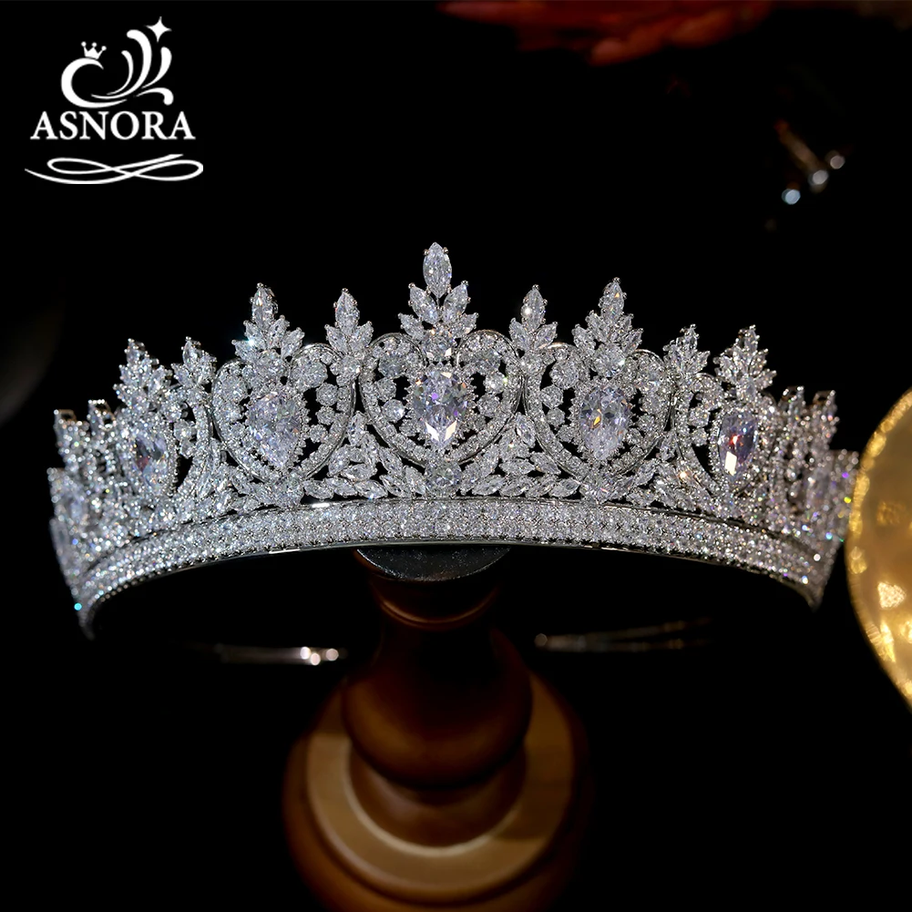 ASNORA 럭셔리 CZ 왕관 빈티지 크리스탈 Diadem 선발 대회 파티 러브 크라운 여성용, 신부 웨딩 헤어 액세서리 쥬얼리