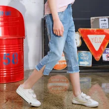 Новые стильные летние хлопковые штаны для девочек, тонкие джинсы для больших мальчиков и девочек, модные штаны-капри с вышивкой