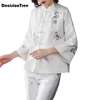 

2020 pretty pink chinese qipao shirt woolen retro tops flowers dragonfly embroidery women cheongsam tops blouse