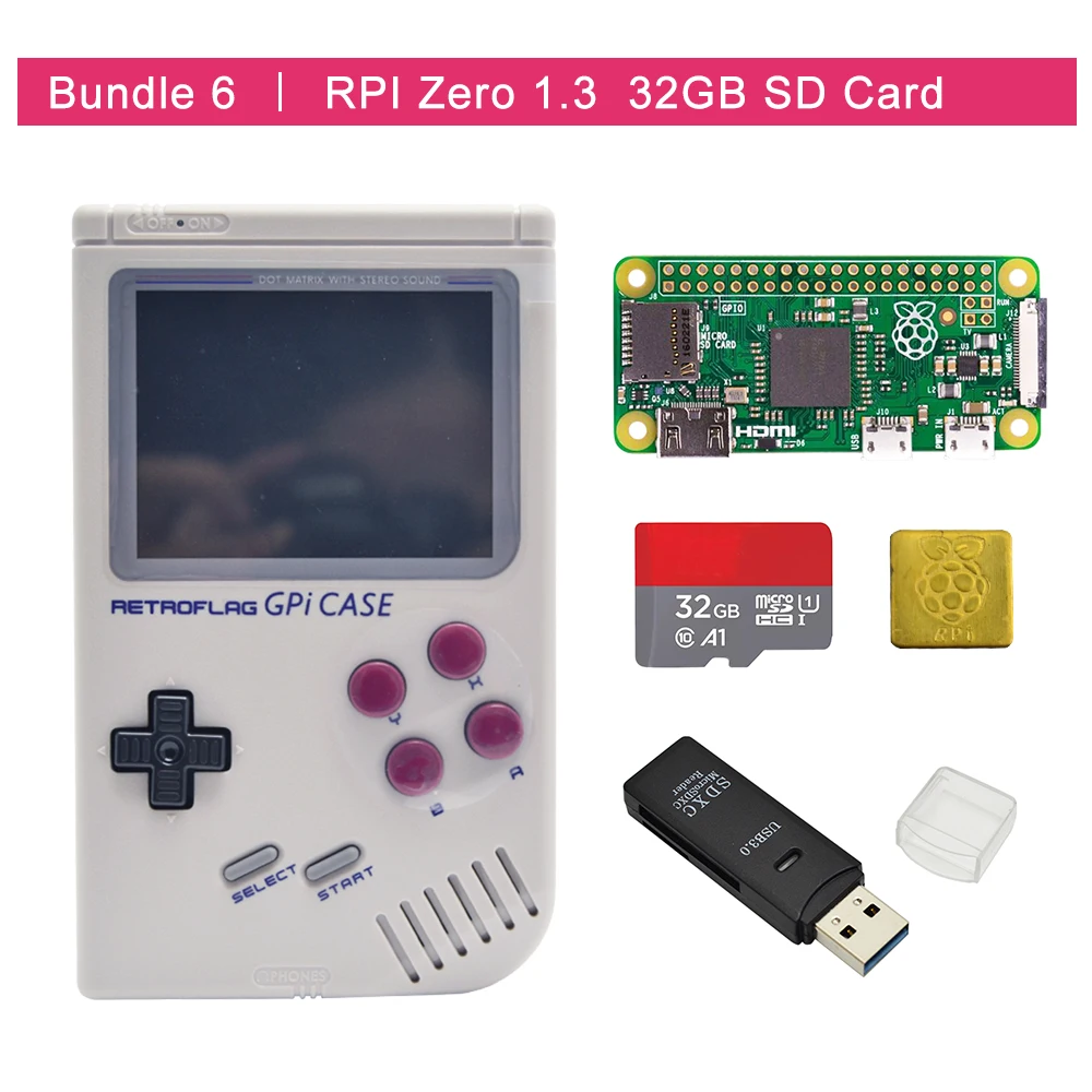 Kit de carcasa Retroflag GPi con Raspberry Pi Zero 0/w + tarjeta SD de 32GB + lector de tarjetas USB + disipador térmico