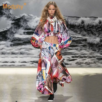 

2019 Autumn New Fashion Women'S Set Sexy Multicolor Long-Sleeved Top & Long Skirt 2 Two-Piece Celebrity Party Evening Runway Set