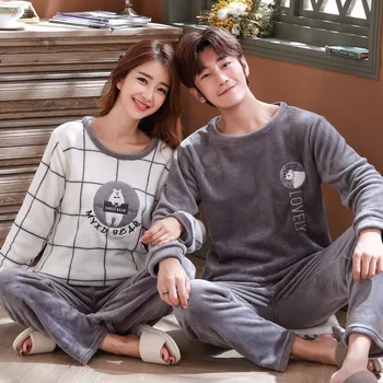 

Couples Thick Warm Cute Cartoon Flannel Long Sleeve Pajama Set for Women Winter Coral Velvet Sleepwear Suit Men Homewear Clothes