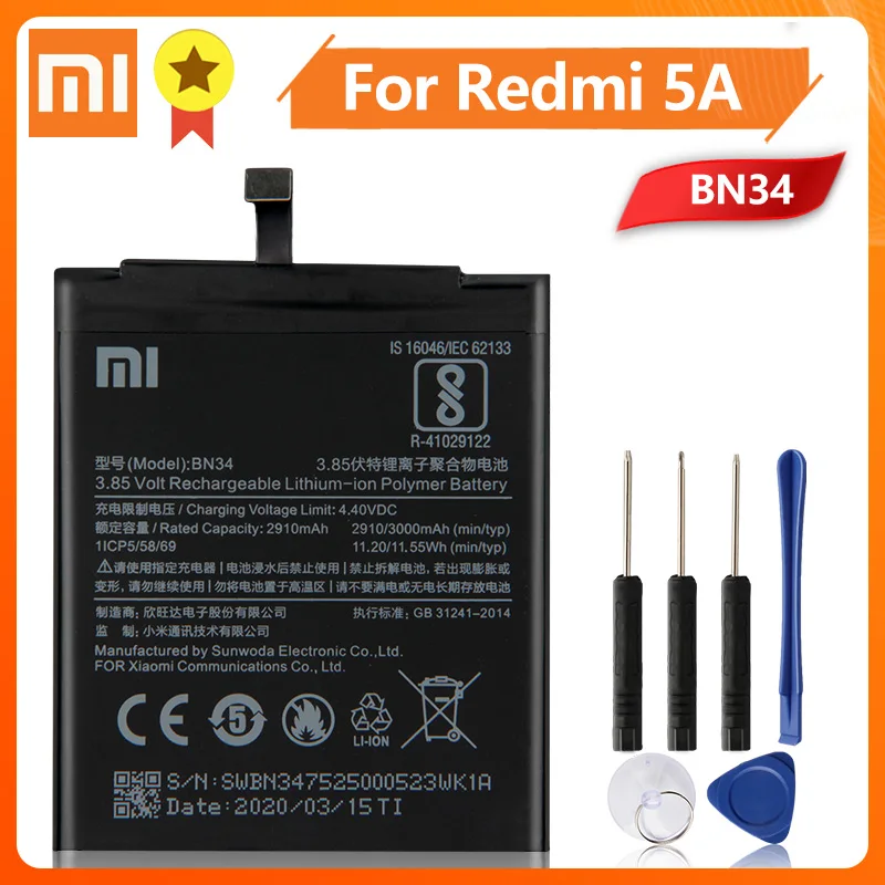 Xiao Mi Xiaomi BN34 аккумулятор для телефона mi Redmi 5A Redrice 3000 мАч оригинальная запасная
