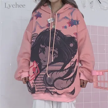 

Lychee Harajuku Cartoon Character Women Fleece Hooded Sweatshirts Spring Autumn Winter Lady Tops Casual Loose Female Hoodies
