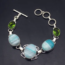 Hermosa Шарм BotswanaAgate Зеленый Перидот 925 Серебряный браслет для женщин 7,75 дюймов A779