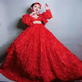 

T09 Female red rose flower evening long dress sexy stage dance bra jacket set ballroom costumes perform sleeve outfit bar skirt