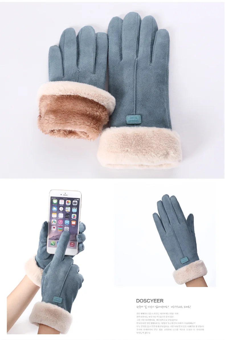 Нескользящая зимняя рукавица на весь палец, теплые шерстяные перчатки, кашемировая замша, плюшевые наручные ветрозащитные зимние перчатки для женщин, перчатки для вождения