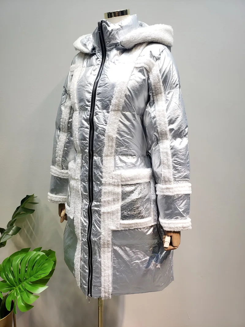 L77street, пальто из овечьей шерсти, серебряное, блестящее, длинное, толстое, с капюшоном, теплое, зимнее, хлопковое, куртка