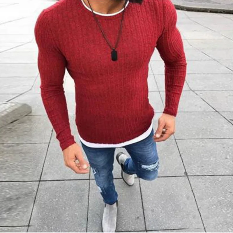 WENYUJH 2019 Autumn New Men's Sexy Skinny Sweater Solid Knitted Pullover Thin Sweater O-Neck Slim Fit Tops Clothes Plus Size 5XL